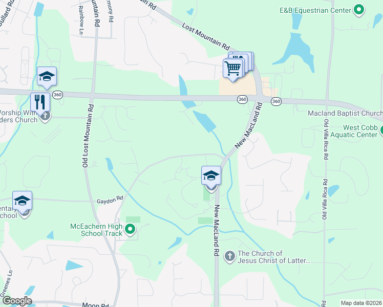 map of restaurants, bars, coffee shops, grocery stores, and more near 2400 New Macland Road in Powder Springs