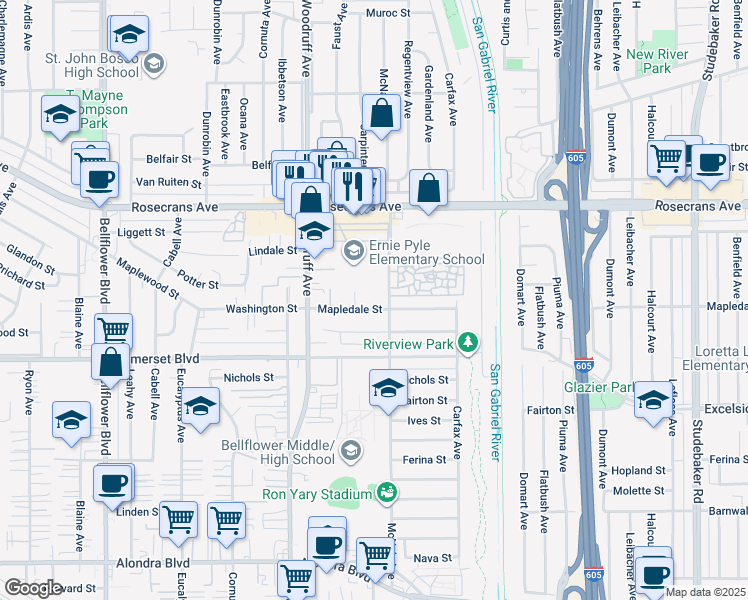 map of restaurants, bars, coffee shops, grocery stores, and more near 10347 Mapledale Street in Bellflower