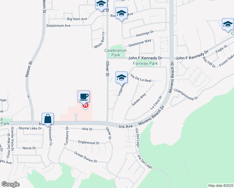 map of restaurants, bars, coffee shops, grocery stores, and more near 27554 Autumn Circle in Moreno Valley