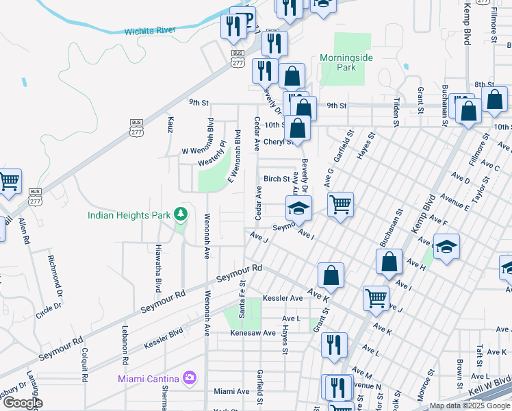 map of restaurants, bars, coffee shops, grocery stores, and more near 1800 Cedar Avenue in Wichita Falls