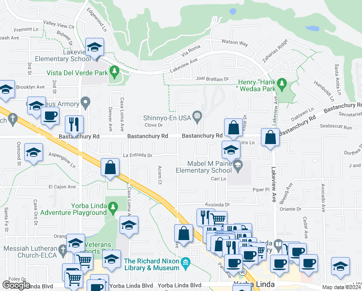 map of restaurants, bars, coffee shops, grocery stores, and more near 4292 Eureka Avenue in Yorba Linda