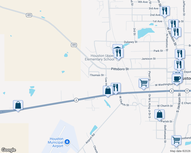 map of restaurants, bars, coffee shops, grocery stores, and more near 205 Thomas Street in Houston