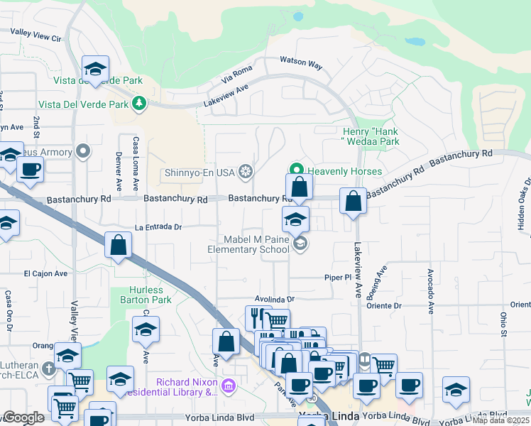 map of restaurants, bars, coffee shops, grocery stores, and more near 18148 Mollie Lane in Yorba Linda