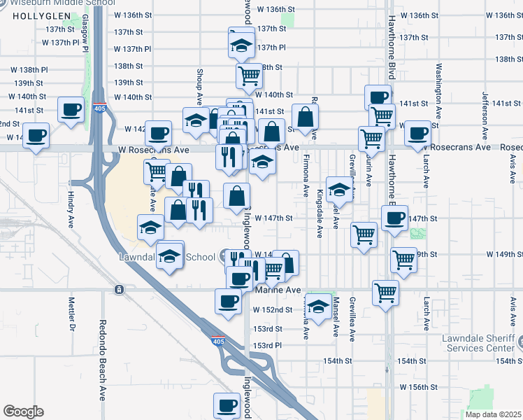 map of restaurants, bars, coffee shops, grocery stores, and more near 4727 West 147th Street in Lawndale