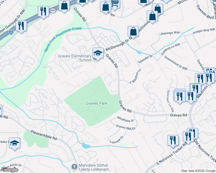 map of restaurants, bars, coffee shops, grocery stores, and more near 6690 Witherington Court Northwest in Norcross