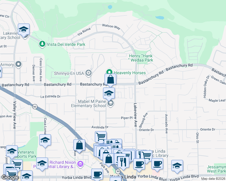 map of restaurants, bars, coffee shops, grocery stores, and more near 18298 Maidenhair Way in Yorba Linda