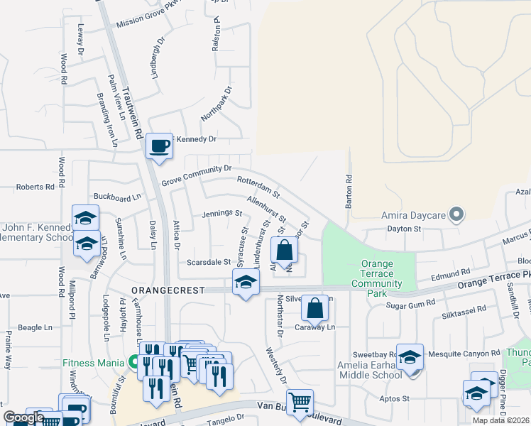 map of restaurants, bars, coffee shops, grocery stores, and more near 19689 Allenhurst Street in Riverside