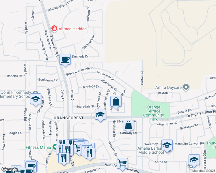 map of restaurants, bars, coffee shops, grocery stores, and more near 19596 Jennings Street in Riverside