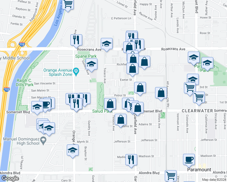 map of restaurants, bars, coffee shops, grocery stores, and more near 7249 Petrol Street in Paramount