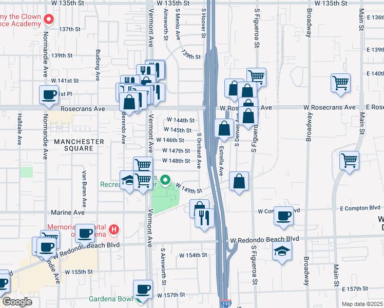 map of restaurants, bars, coffee shops, grocery stores, and more near 727 West 148th Street in Gardena