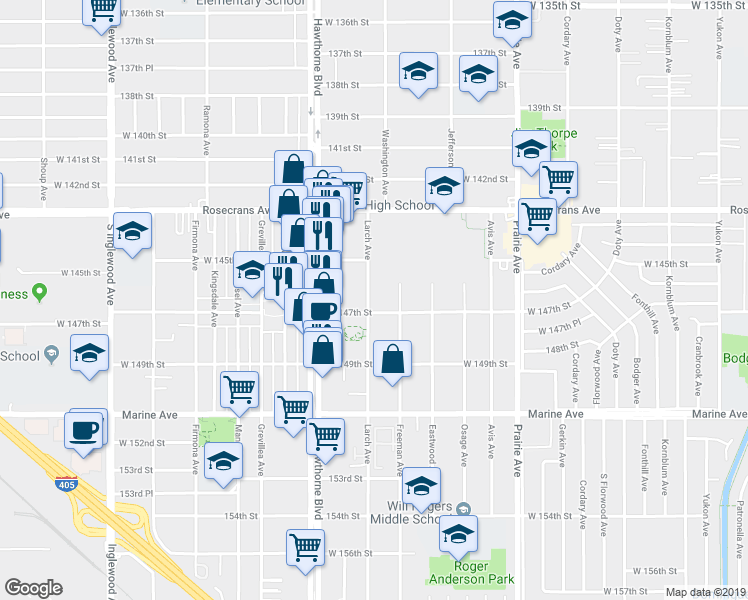 map of restaurants, bars, coffee shops, grocery stores, and more near 4231 West 147th Street in Lawndale