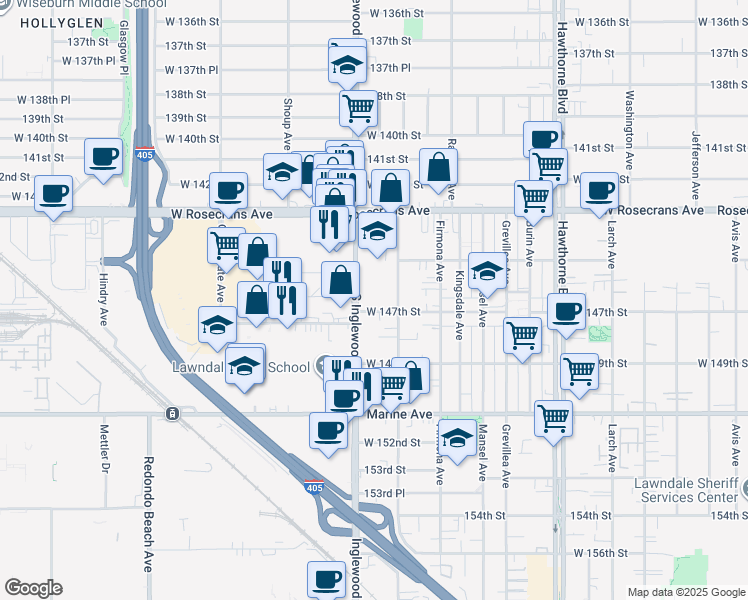 map of restaurants, bars, coffee shops, grocery stores, and more near 4727 West 147th Street in Lawndale