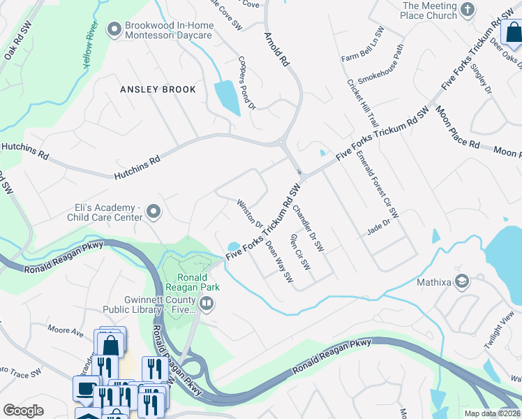 map of restaurants, bars, coffee shops, grocery stores, and more near 2505 Winthrope Way in Lawrenceville