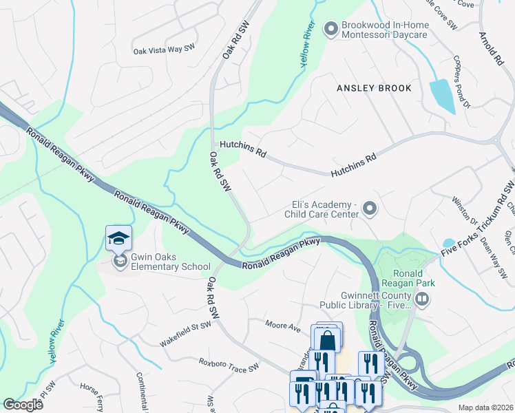 map of restaurants, bars, coffee shops, grocery stores, and more near 482 Oak Road Southwest in Lawrenceville
