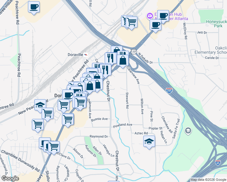 map of restaurants, bars, coffee shops, grocery stores, and more near 3665 Chestnut Drive in Doraville