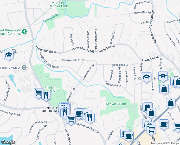 map of restaurants, bars, coffee shops, grocery stores, and more near 3685 Donaldson Drive Northeast in Atlanta