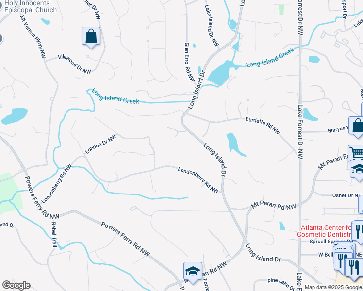 map of restaurants, bars, coffee shops, grocery stores, and more near 5260 Long Island Drive in Atlanta
