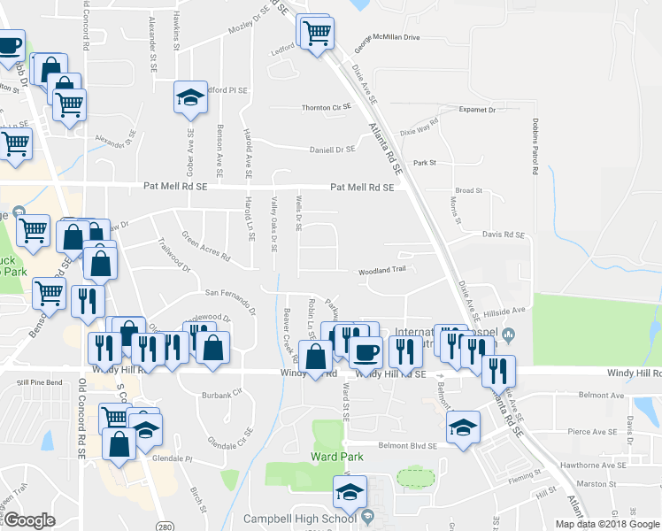 map of restaurants, bars, coffee shops, grocery stores, and more near 2224 Elizabeth Avenue Southeast in Smyrna