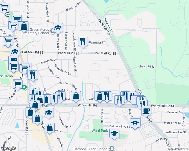 map of restaurants, bars, coffee shops, grocery stores, and more near 2224 Elizabeth Avenue Southeast in Smyrna