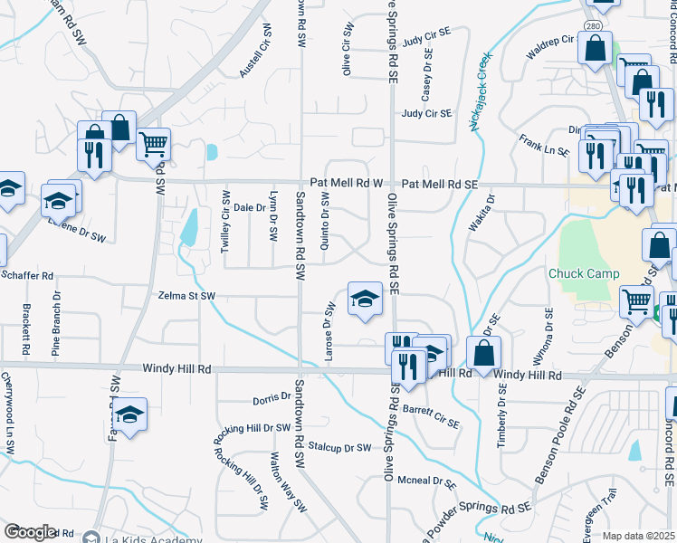 map of restaurants, bars, coffee shops, grocery stores, and more near 2245 Panstone Drive Southwest in Marietta