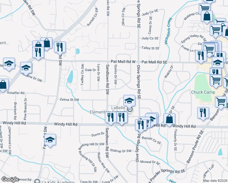 map of restaurants, bars, coffee shops, grocery stores, and more near 2251 Panstone Drive Southwest in Marietta