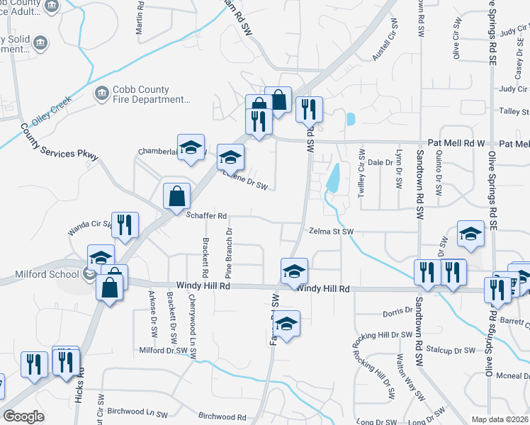 map of restaurants, bars, coffee shops, grocery stores, and more near 470 Schaffer Road in Marietta