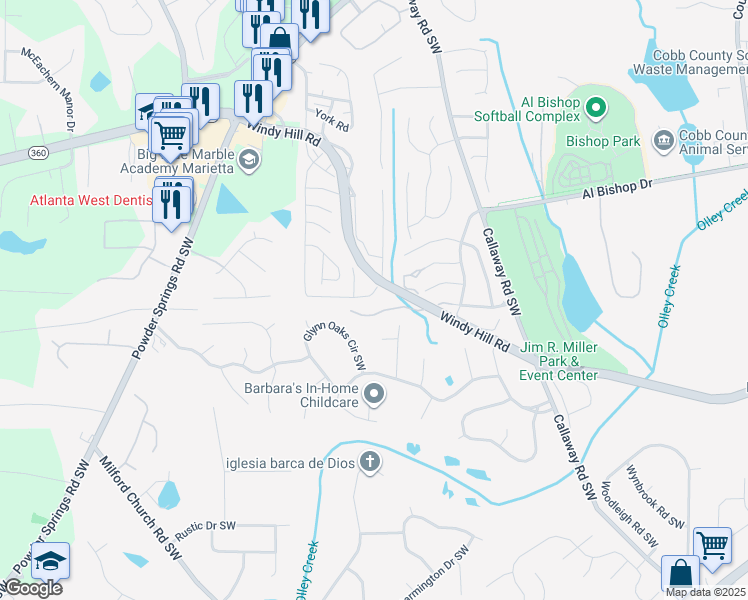 map of restaurants, bars, coffee shops, grocery stores, and more near 366 Winston Road Southwest in Marietta