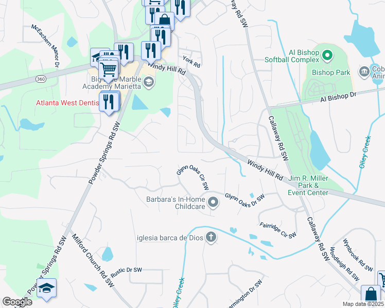 map of restaurants, bars, coffee shops, grocery stores, and more near 412 Winston Road Southwest in Marietta
