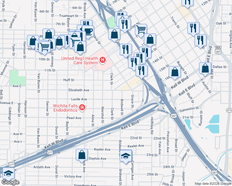 map of restaurants, bars, coffee shops, grocery stores, and more near 1621 Elizabeth Avenue in Wichita Falls