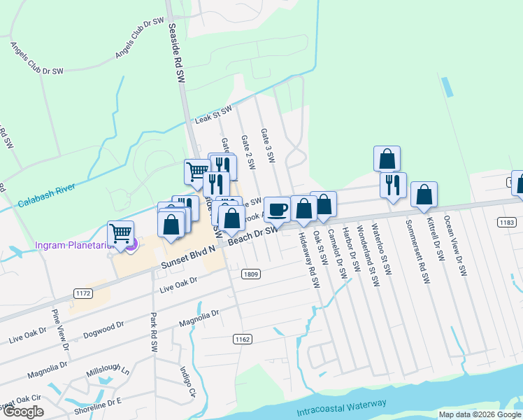 map of restaurants, bars, coffee shops, grocery stores, and more near 7220 Westbrook Avenue Southwest in Ocean Isle Beach