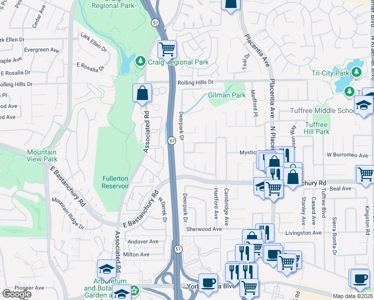 map of restaurants, bars, coffee shops, grocery stores, and more near 2824 Mystic Avenue in Fullerton