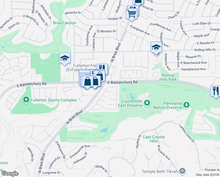 map of restaurants, bars, coffee shops, grocery stores, and more near 2583 Mill Lane in Fullerton
