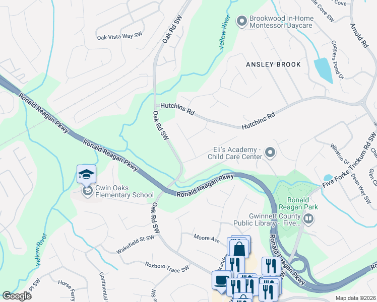 map of restaurants, bars, coffee shops, grocery stores, and more near 482 Oak Road Southwest in Lawrenceville
