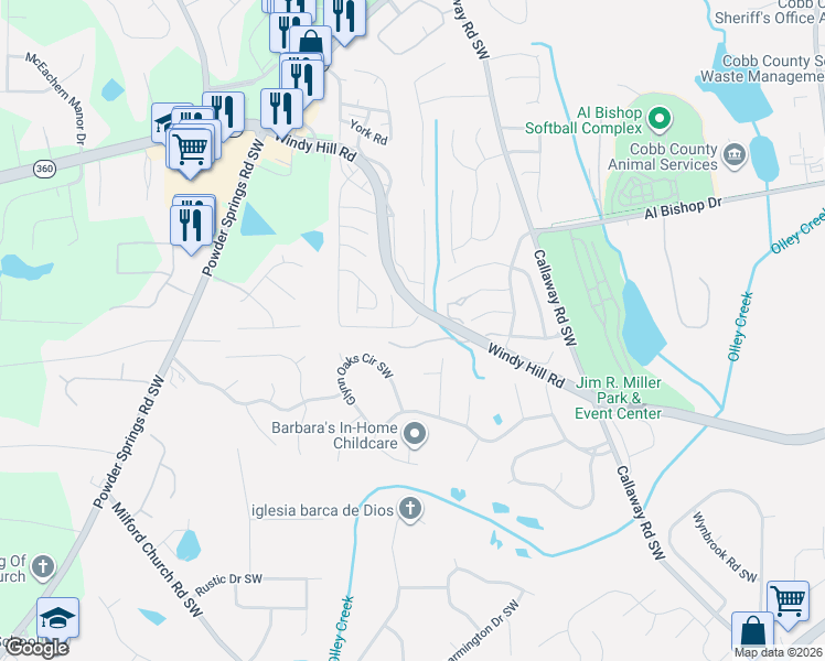 map of restaurants, bars, coffee shops, grocery stores, and more near 366 Winston Road Southwest in Marietta