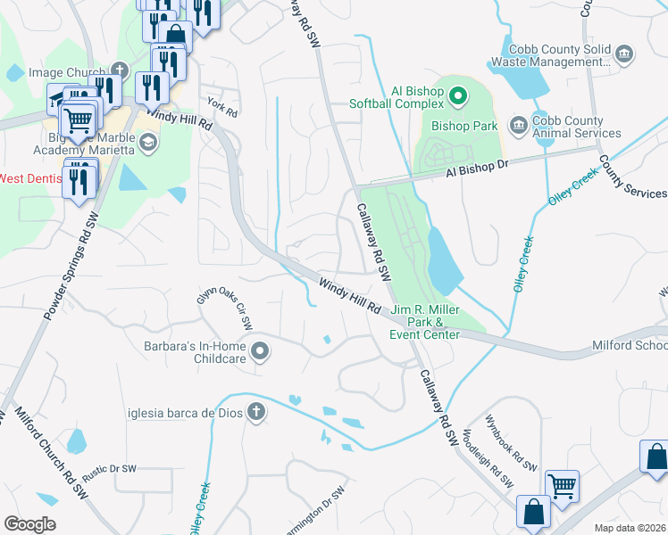map of restaurants, bars, coffee shops, grocery stores, and more near 2136 Cumberland Creek Trail Southwest in Marietta