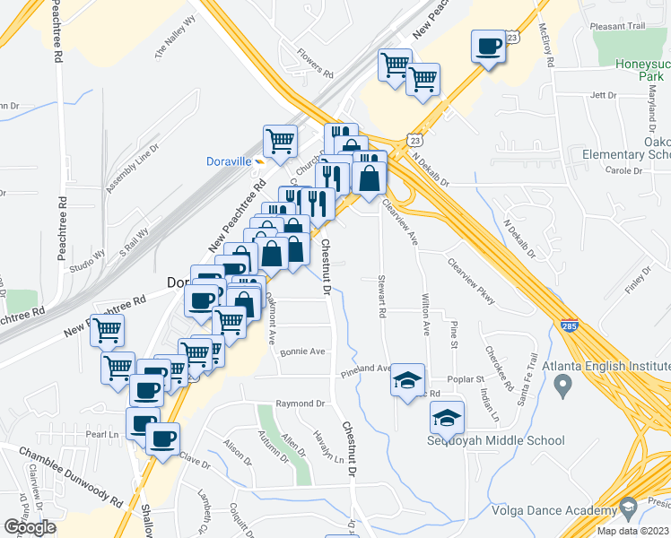 map of restaurants, bars, coffee shops, grocery stores, and more near 3665 Chestnut Drive in Atlanta