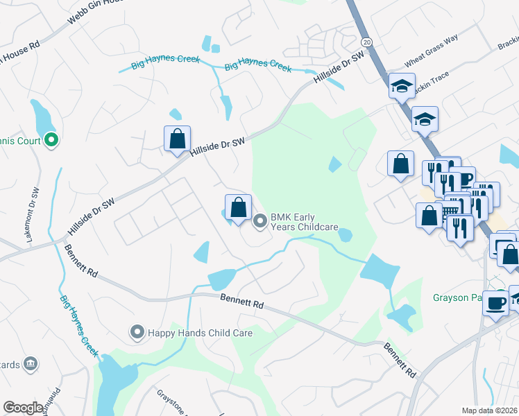 map of restaurants, bars, coffee shops, grocery stores, and more near 1840 Cooper Lakes Drive in Grayson