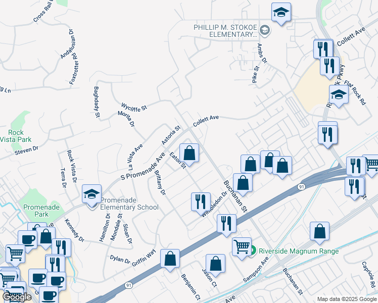 map of restaurants, bars, coffee shops, grocery stores, and more near 571 Essex Street in Corona