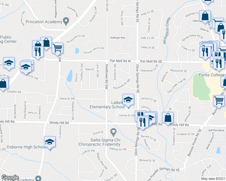map of restaurants, bars, coffee shops, grocery stores, and more near 2251 Panstone Drive Southwest in Marietta