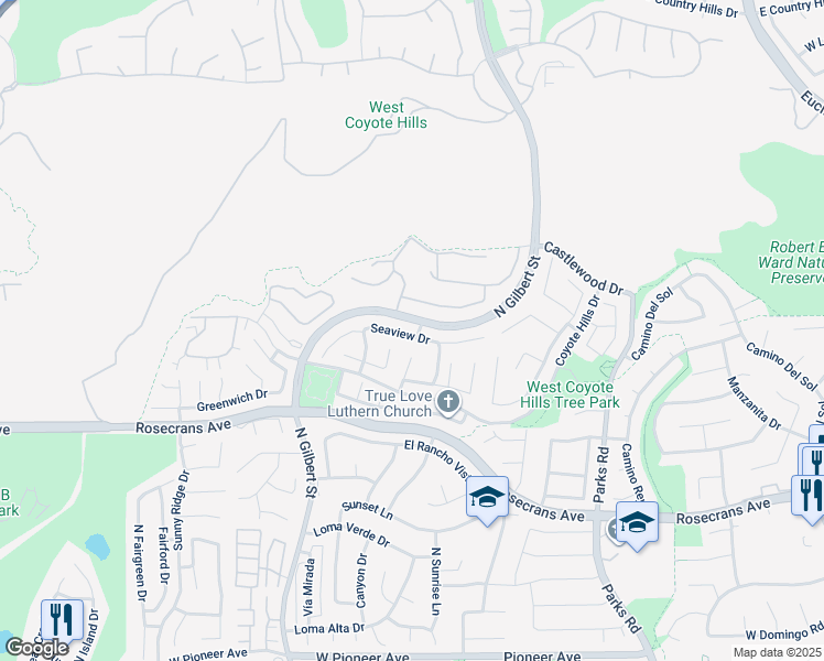map of restaurants, bars, coffee shops, grocery stores, and more near 2131 Seaview Drive in Fullerton