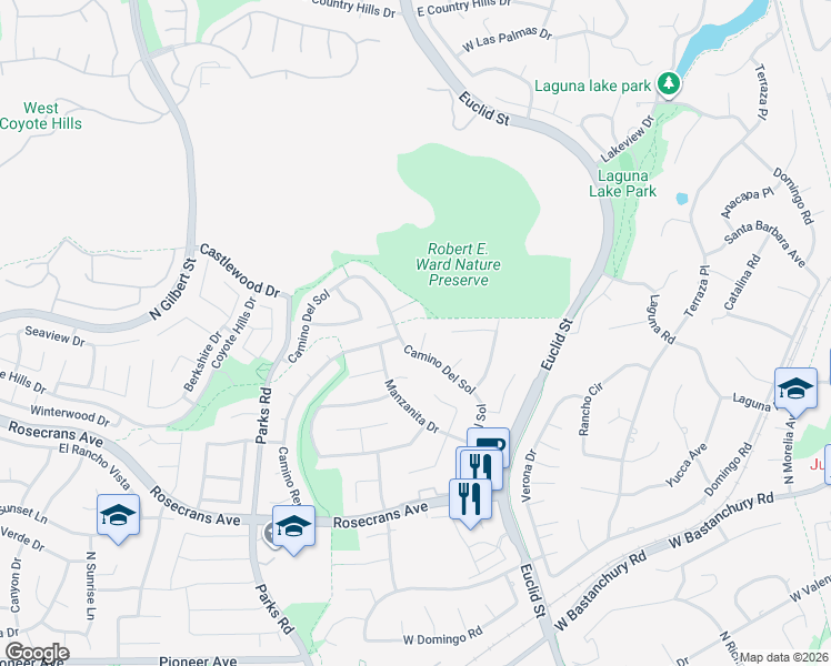 map of restaurants, bars, coffee shops, grocery stores, and more near 2431 Camino Del Sol in Fullerton
