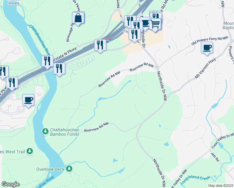 map of restaurants, bars, coffee shops, grocery stores, and more near 5205 Riverview Road Northwest in Atlanta