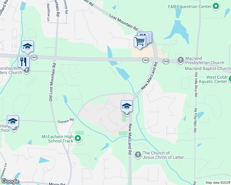 map of restaurants, bars, coffee shops, grocery stores, and more near 2400 New Macland Road in Powder Springs