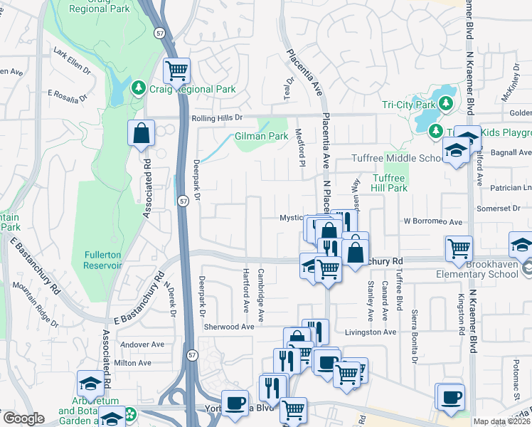 map of restaurants, bars, coffee shops, grocery stores, and more near 2454 Cambridge Avenue in Fullerton
