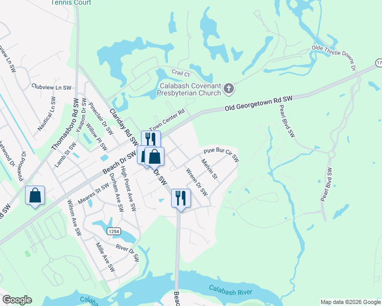 map of restaurants, bars, coffee shops, grocery stores, and more near 1107 Melvin Drive Southwest in Sunset Beach