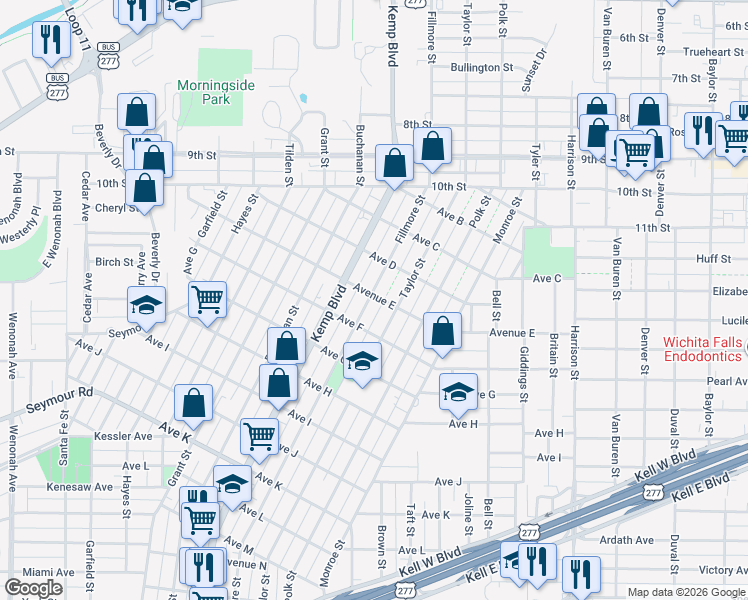 map of restaurants, bars, coffee shops, grocery stores, and more near 2405 Avenue E in Wichita Falls