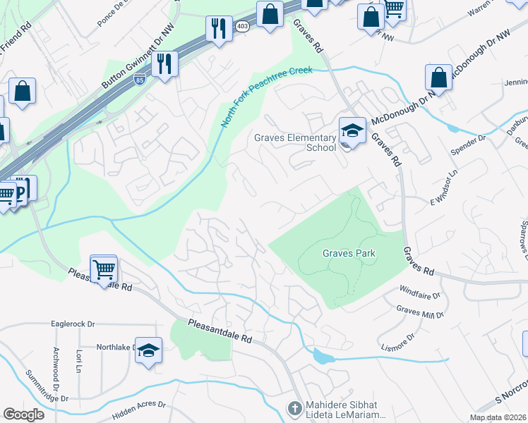 map of restaurants, bars, coffee shops, grocery stores, and more near 7020 Magnolia Park Lane Northwest in Norcross