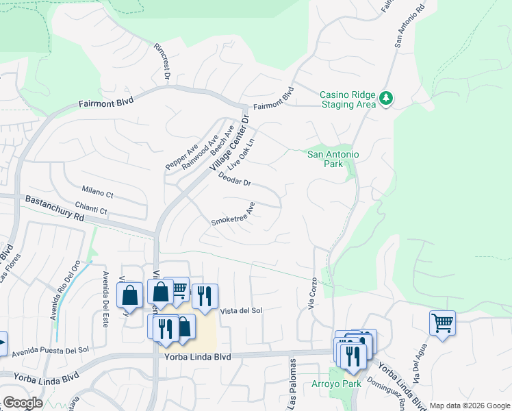 map of restaurants, bars, coffee shops, grocery stores, and more near 20806 Juniper Avenue in Yorba Linda