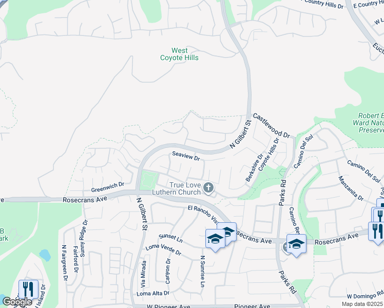 map of restaurants, bars, coffee shops, grocery stores, and more near 2131 Seaview Drive in Fullerton
