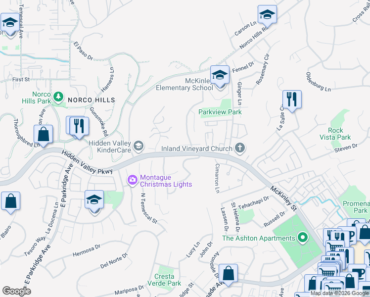 map of restaurants, bars, coffee shops, grocery stores, and more near 1846 Madera Circle in Corona